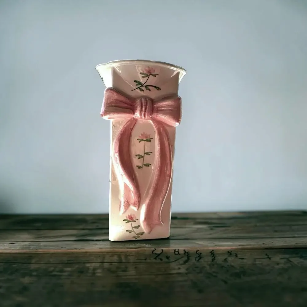 Vintage 1982 Sigma Mann Country Rose Hand Painted Ceramic Bow Vase Pink Floral